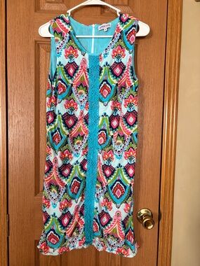 Sleeveless Turquoise Multi-Color Printed Mini Dress with Crochet Panel